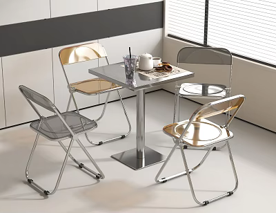 Modern Indoor Table And Chairs Set With Square Top Transparent Seats And Metallic Frame 3d model