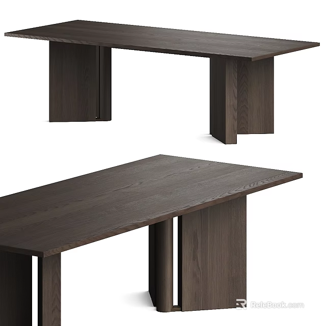 Dark Brown Wooden Dining Table With Solid Wood Top And Wide Legs Minimalist Design 3d model 