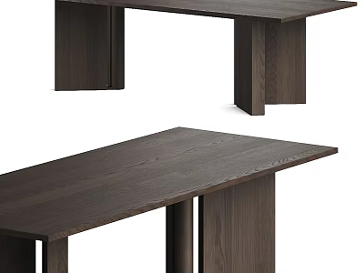 Dark Brown Wooden Dining Table With Solid Wood Top And Wide Legs Minimalist Design 3d model