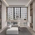 Spacious Modern Walk in Closet Interior With White Cabinets Round Mirror And Seating Area