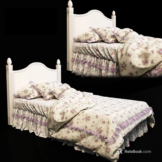 Cozy Single Bed With White Headboard And Purple Floral Bedding 3d model 
