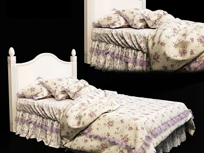 Cozy Single Bed With White Headboard And Purple Floral Bedding 3d model
