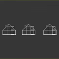 Three White Lined Building Frames Greenhouse Structures With Triangular Roofs On Dark Background With Reflections 3d model