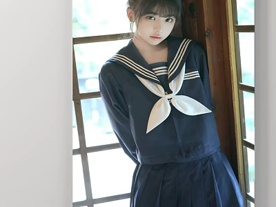 Beautiful Young Woman In Navy Sailor Uniform Leaning Against Wooden Window Frame 3d model