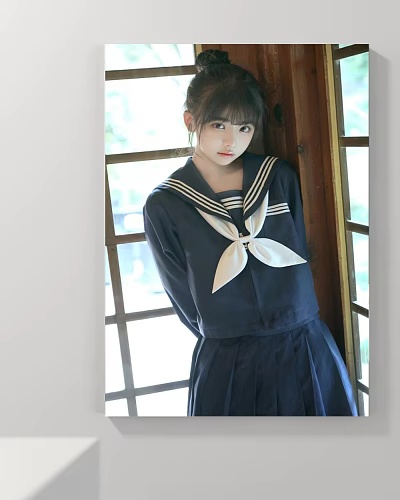 Beautiful Young Woman In Navy Sailor Uniform Leaning Against Wooden Window Frame 3d model