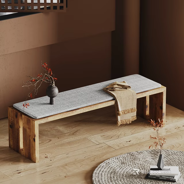 Wooden Bench Featuring Gray Cushion Beige Blanket and Red Berry Vase Against Brown Wall 3d model 