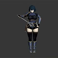 Game and Movie Character with Blue Hair Armored Outfit holding Weapon in Combat Style