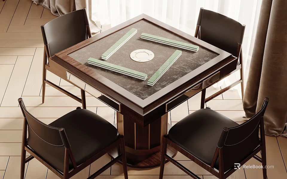 Square Wooden Entertainment Table With Green Mahjong Tiles And Surrounding Black Chairs 3d model 