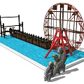 Garden Ornament With Red Waterwheel Wooden Bridge And Stone Statues By Pool