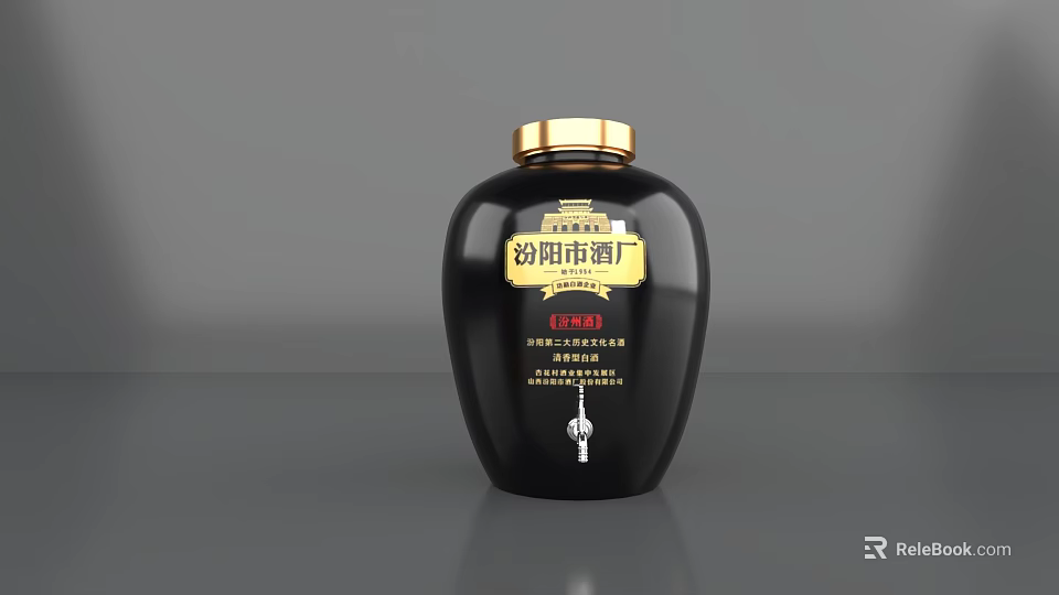 Traditional Black Ceramic Wine Jar With Golden Lid And Vintage Label 3d model 