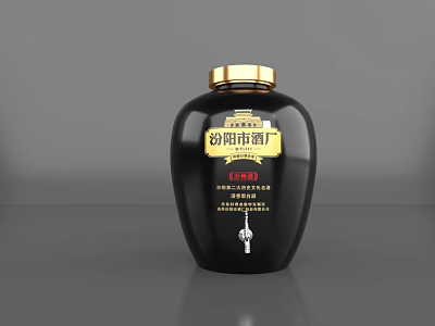Traditional Black Ceramic Wine Jar With Golden Lid And Vintage Label 3d model