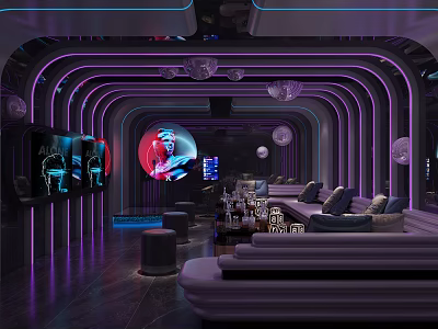 Modern KTV Interior Design With Neon Lights Curved Walls Sofas And Screens 3d model
