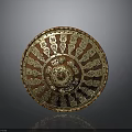 Ornate Round Shield With Red And Gold Intricate Carvings And Central Design