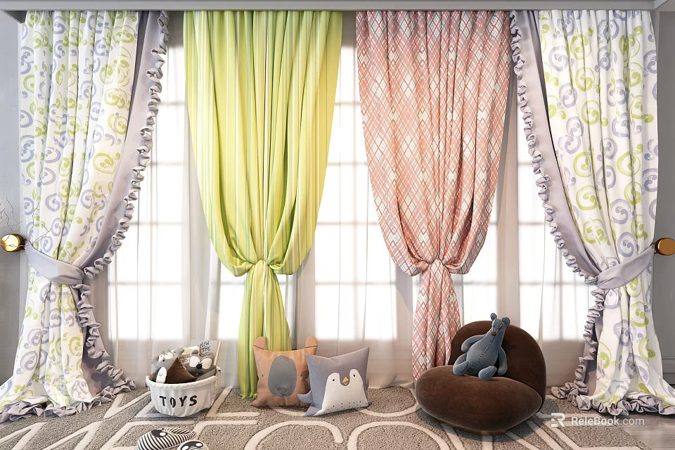 Colorful Curtains with Various Patterns and Pastel Tones in Cozy Kids Room Interior 3d model 