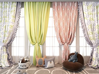 Colorful Curtains with Various Patterns and Pastel Tones in Cozy Kids Room Interior 3d model
