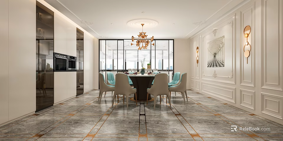 Modern Restaurant Interior With Dining Table Chairs Chandelier Decorative Wall And Patterned Floor 3d model