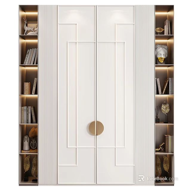 Modern White Decorative Cabinet With Gold Round Handle Side Bookshelves And Decorations 3d model 