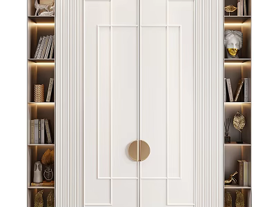 Modern White Decorative Cabinet With Gold Round Handle Side Bookshelves And Decorations 3d model