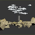Low Poly Yellow Geometric Scene with Mountainous Terrain Small House White Clouds Dark Background Reflections