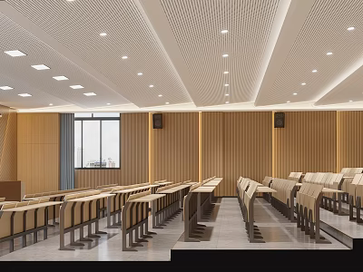 Modern Conference Room Interior Design With Wooden Walls Arranged Seats And Ceiling Lights 3d model