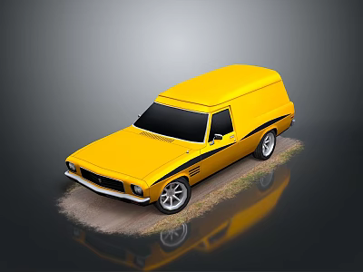 Yellow Classic Van With Black Stripes And Shiny Wheels On Sandy Ground 3d model