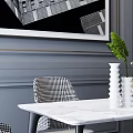Modern Dining Table Set With Checkered Chairs Pendant Light Wall Art And Gray Marble Floor 3d model