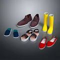 Colorful Shoes Assortment with brown casual yellow rain boots blue slippers black sandals red flats