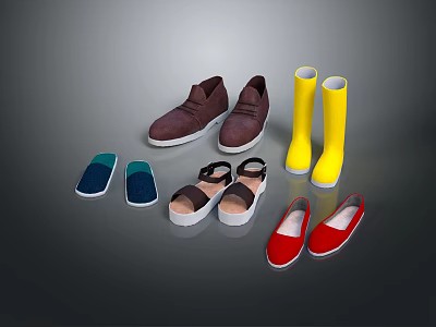 Colorful Shoes Assortment with brown casual yellow rain boots blue slippers black sandals red flats 3d model