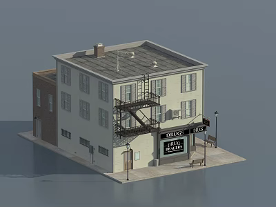 Two Story Urban Building Model With Fire Escape And Local Storefront Signboard 3d model