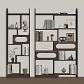 Open Dark Brown Shelving Unit Featuring Compartments Books Decor Framed Photos And Lattice Door Drawers
