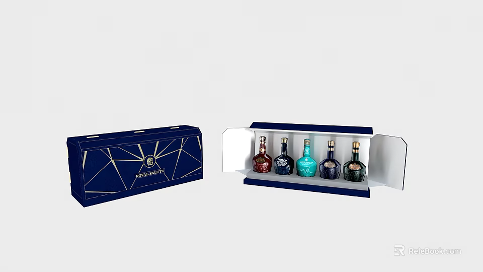 Decorative Ornament Set With Blue Gold Patterned Gift Box Containing Colorful Small Bottles Monarch Design 3d model 
