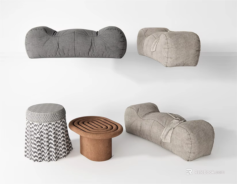 Modern Upholstered Sofa Stools In Grey Fabric With Different Decorative Designs 3d model 