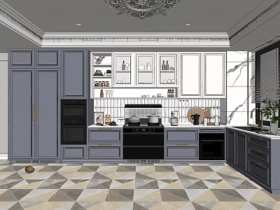 Modern Kitchen Interior With Gray And White Cabinets Black Appliances Geometric Floor And Decorative Ceiling 3d model