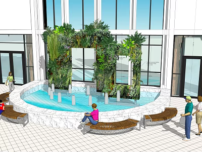 Indoor Garden Feature With Circular Water Pool Vertical Plant Wall Benches and People Resting 3d model