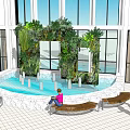 Indoor Garden Feature With Circular Water Pool Vertical Plant Wall Benches and People Resting