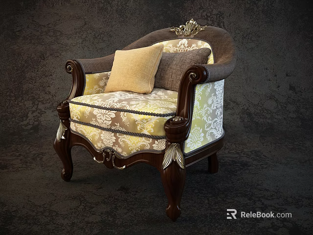 Classic Style Armchair with Carved Wooden Legs Gold Accents and Patterned Fabric Cushions 3d model 