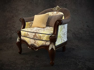 Classic Style Armchair with Carved Wooden Legs Gold Accents and Patterned Fabric Cushions 3d model