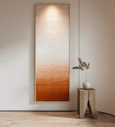 Long Vertical Decorative Painting With Orange Brown Gradient And Wooden Side Table With White Vase 3d model