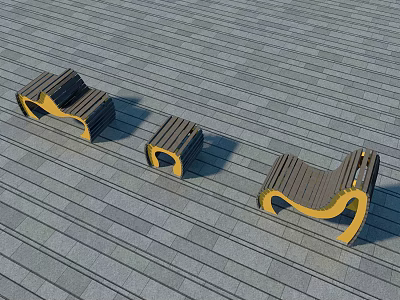 Three Modern Public Chairs With Wooden Seats And Yellow Metal Frames On Outdoor Wooden Floor 3d model