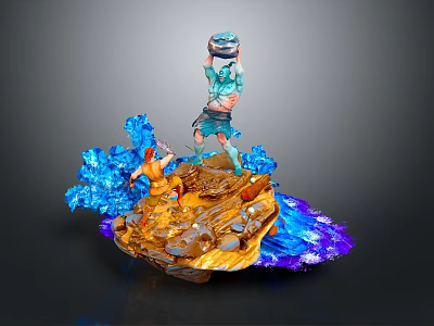Dynamic Game Movie Characters Blue Figure Lifting Object Orange Character Rock Base Blue Purple Energy 3d model