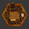 Vintage Hexagonal Accordion Musical Instrument Featuring Orange Black Carved Patterns And Sound Holes