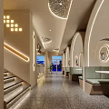 Modern Artistic Café Interior Featuring Green Plants Red Sculpture Curved Walls And Terrazzo Floor