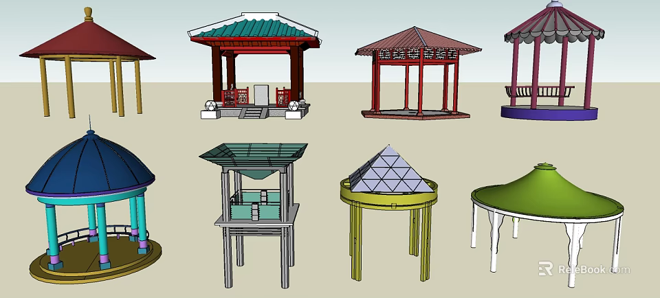 Various Design Gazebos Featuring Different Roof Styles And Colorful Structures 3d model 