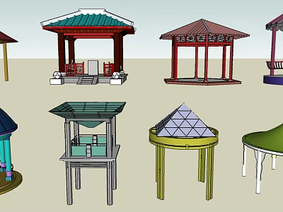 Various Design Gazebos Featuring Different Roof Styles And Colorful Structures 3d model
