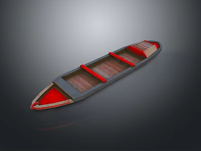 Long Wooden Boat With Red Interior And Dark Exterior Design Structure 3d model