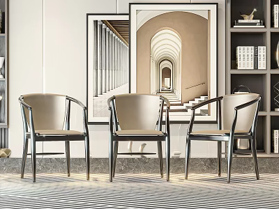 Modern Metal Frame Accent Chairs In Living Room With Framed Artwork And Striped Rug 3d model