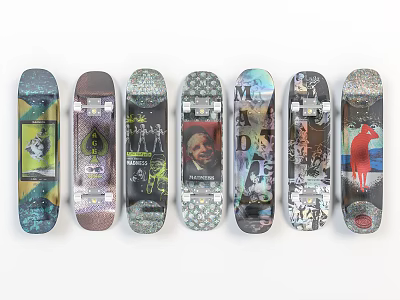 Various Unique Graphic Skateboards Displayed In A Row With Art Designs 3d model