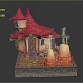 Cartoon House Scene With Red Pointed Roof Brown Walls Green Vines And Orange Towers