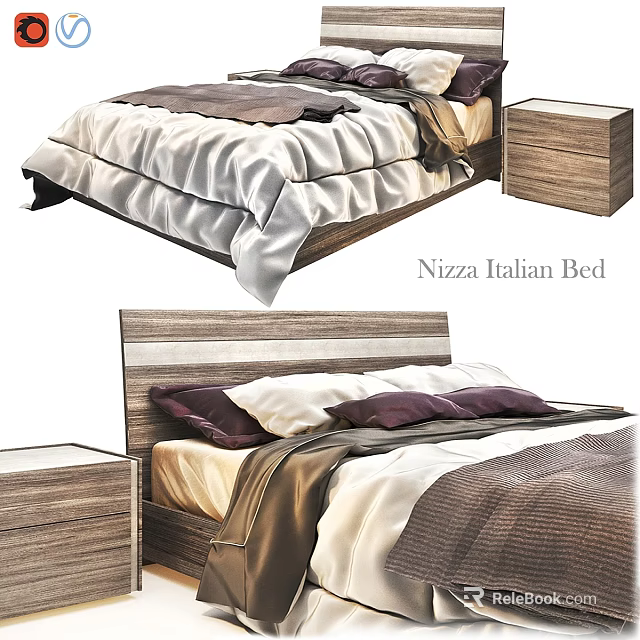Nizza Italian Double Bed Modern Design With Wooden Headboard Nightstand And White Purple Pillows 3d model 