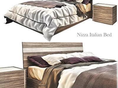 Nizza Italian Double Bed Modern Design With Wooden Headboard Nightstand And White Purple Pillows 3d model